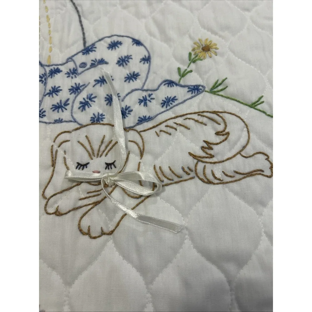 Vintage '73 Hand Stitched Embroidery Baby Quilt Mushroom Kitty Puppy Bows 58x40